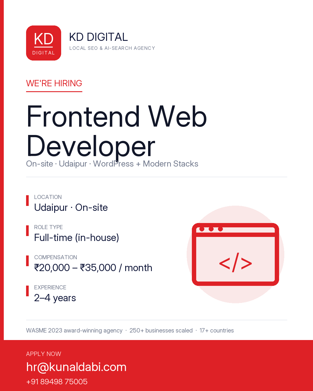 We’re hiring a Frontend Web Developer at KD Digital — On-site · Udaipur · WordPress + Modern Stacks