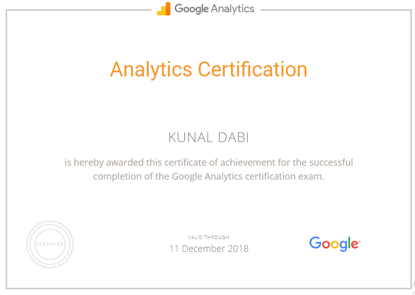 Google Analytics Certification — Kunal Singh Dabi