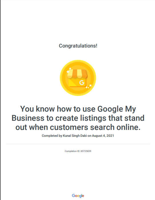 Google My Business Certification — Kunal Singh Dabi
