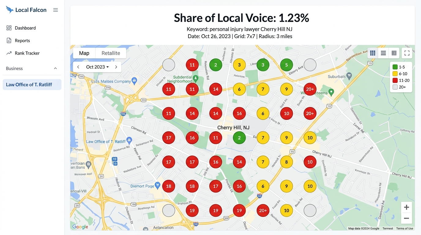 Local Falcon Day 1: 1.23% Share of Local Voice, mostly red ranks