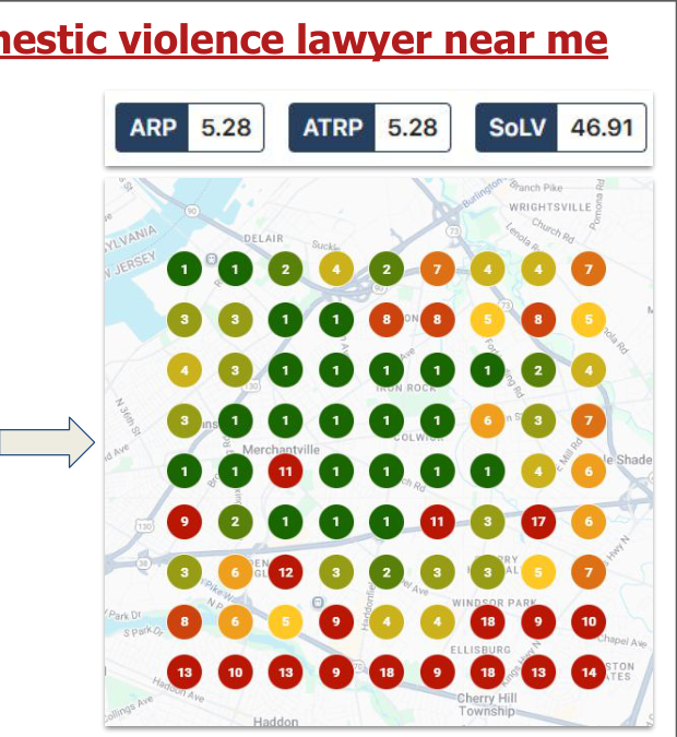 Day 15 snapshot: green geo-grid showing Maps Pack top 3 dominance - SoLV 46.91%