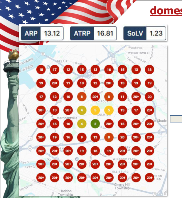 Day 1 baseline: red geo-grid showing positions 15-20+ across Cherry Hill - SoLV 1.23%