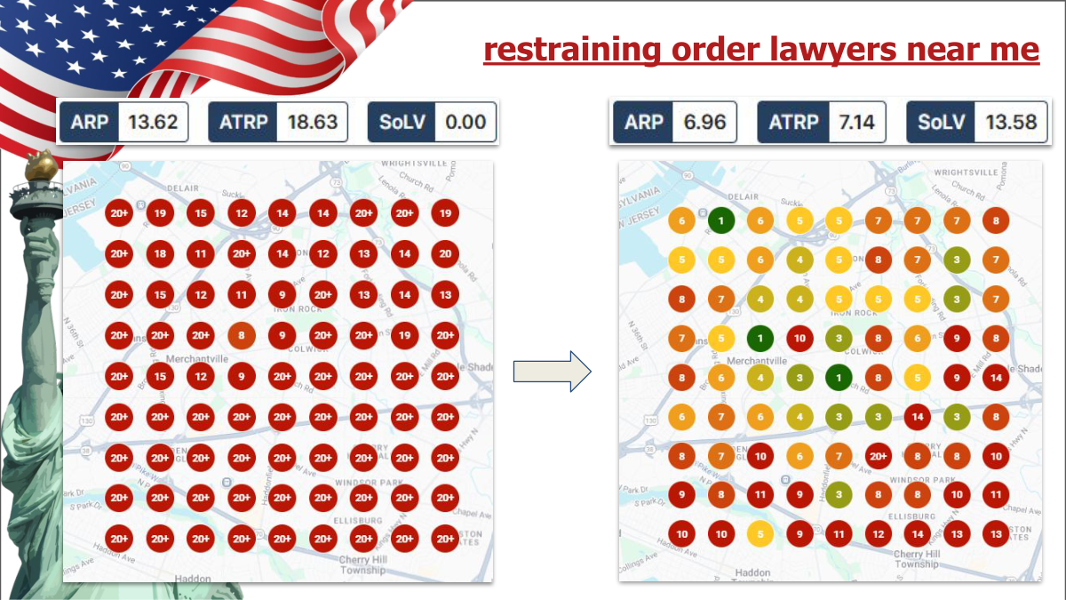 Geo-grid before/after for 'restraining order lawyers near me' - SoLV went from 0.00% to 13.58%