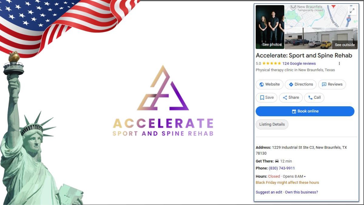Live Google Business Profile for Accelerate Sport and Spine Rehab - 5.0 stars, 124 Google reviews, physical therapy clinic in New Braunfels, Texas