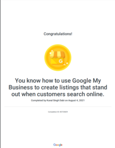 kunal singh dabi google my business certificate