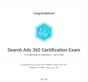 seo consultant india kunal dabi search ads 360 certification exam